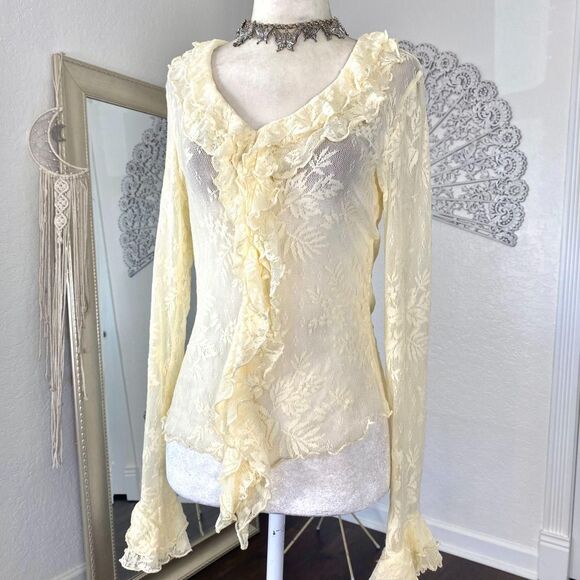 Newport Cream White Sheer Lace Frilly Ruffle Pirate Wench Bell Sleeve Blouse S - Picture 3 of 8